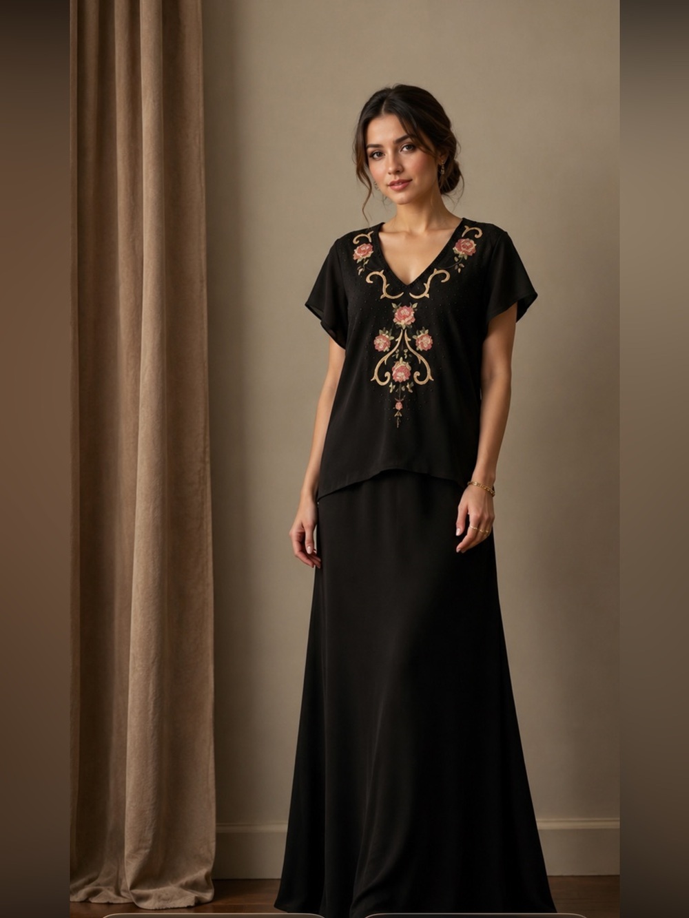 Vintage Positive Attitude Black Maxi Dress with Floral Embroidery and Beading